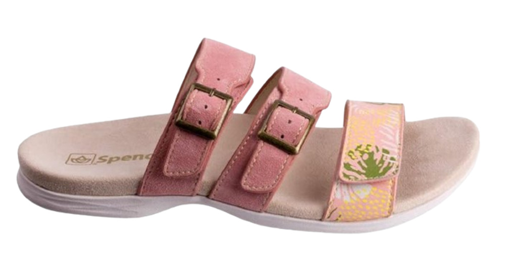 Spenco Womens Orchid Saddle Sandals Size 7.5 Pink Tan 3 Strap Slides NIB